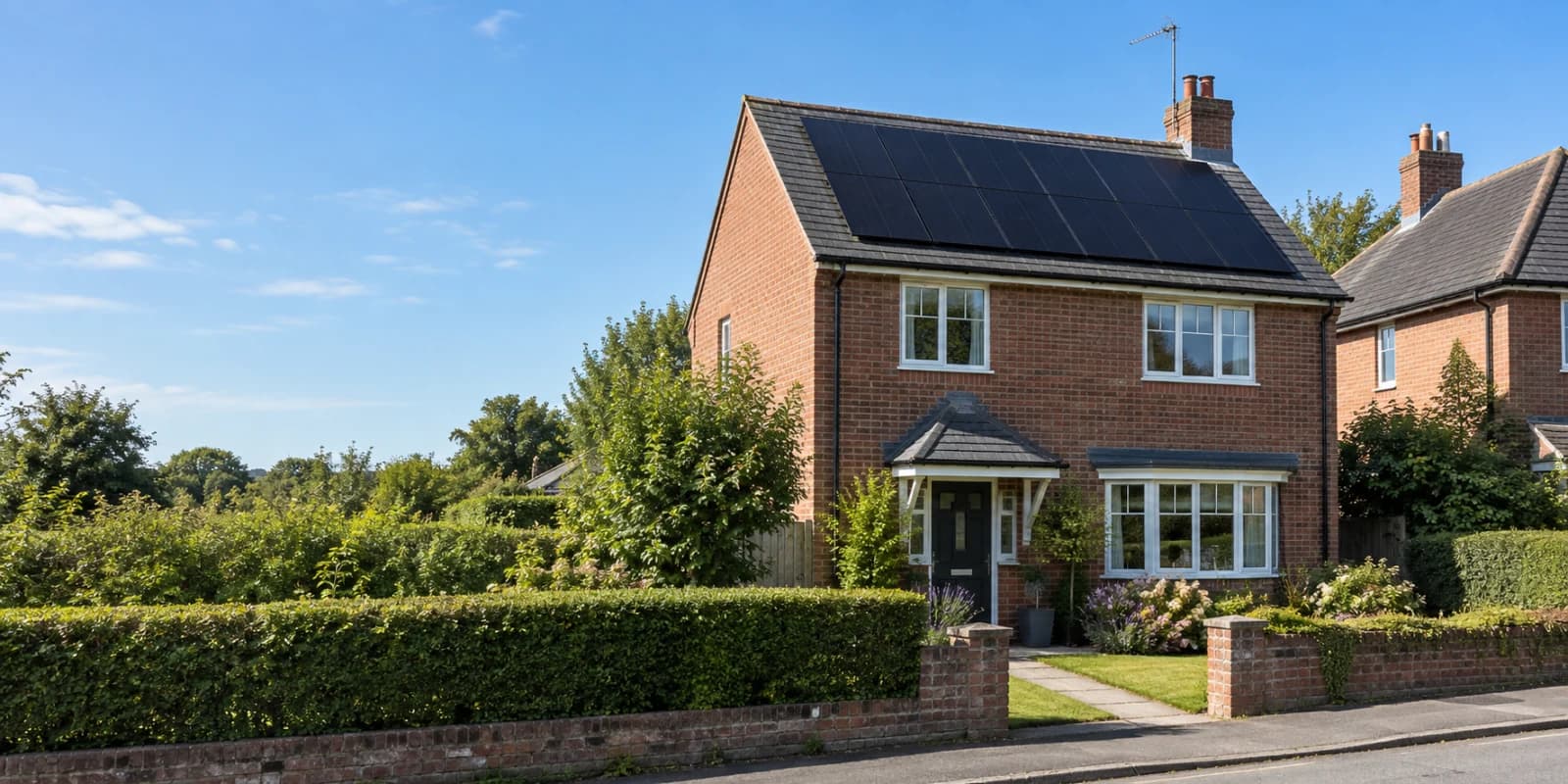 A Cotswold stone home with rooftop solar panels in morning light