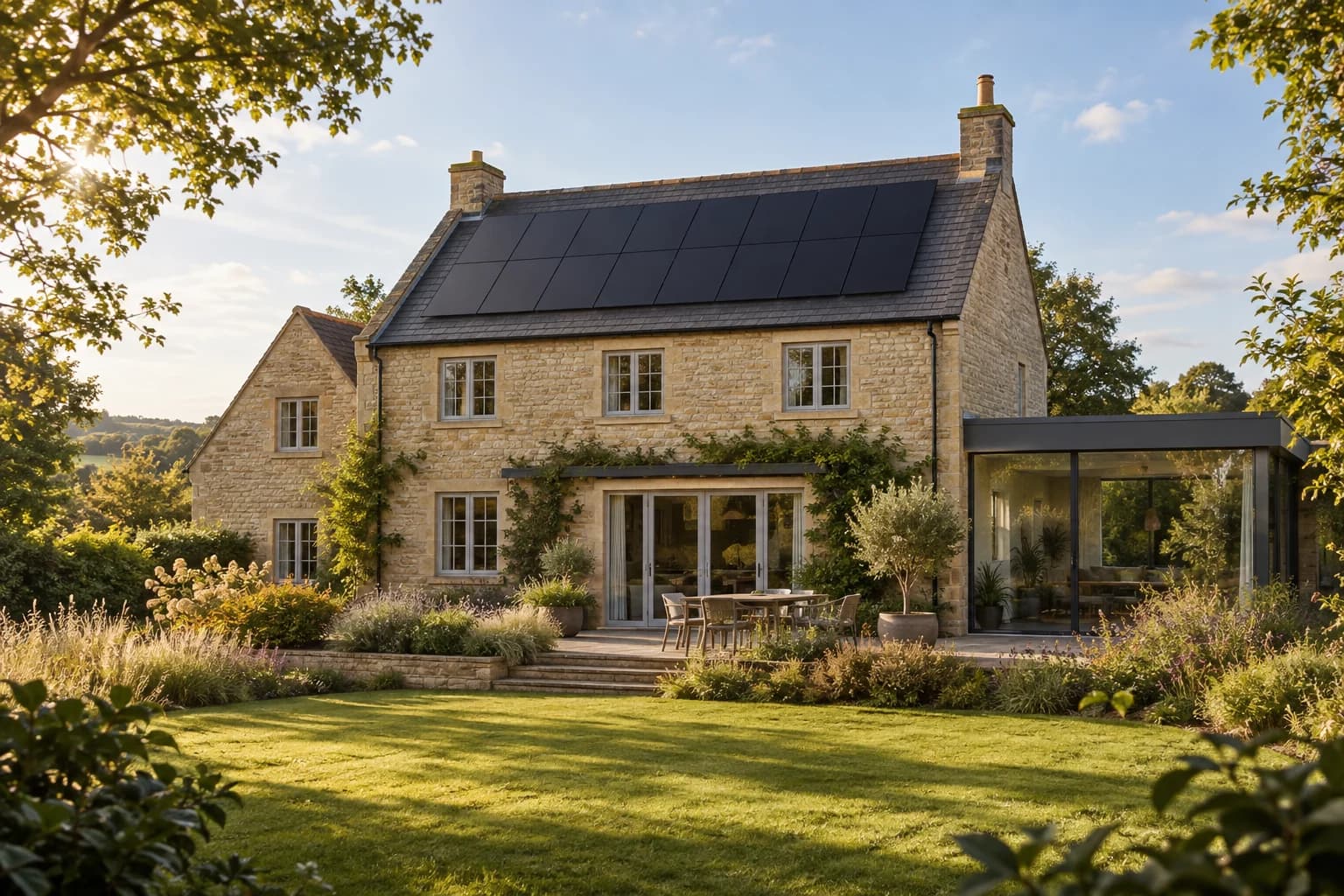 A stone cottage with rooftop solar panels in warm evening light
